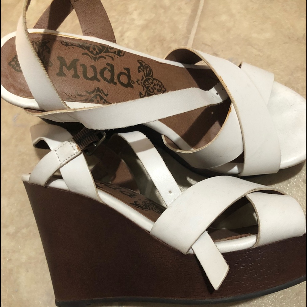 white and brown wedge sandals